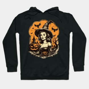 Retro Halloween Witch Girl with Pumpkins and Bats Hoodie